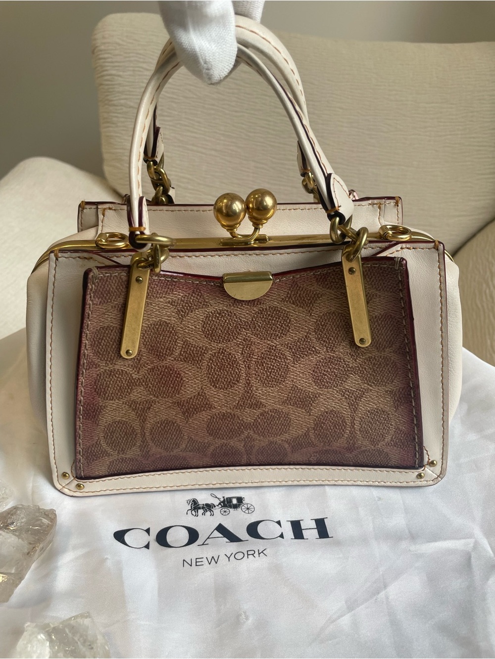 Coach 1941 Kiss-lock Dreamer 21 Cream and Brown Signature Frame Satchel